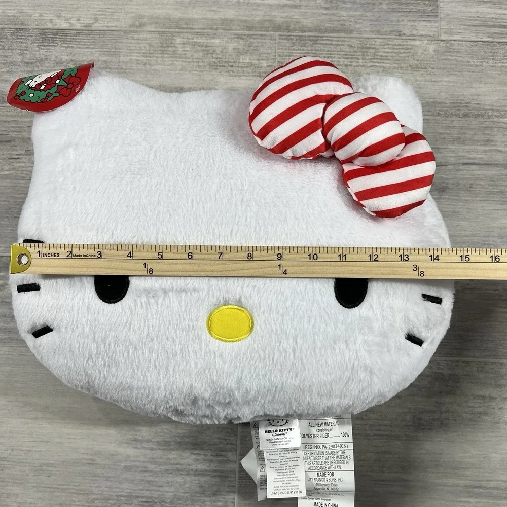 Hello Kitty Christmas Theme With Red & White Striped Bow Plush Ultra Soft Pillow